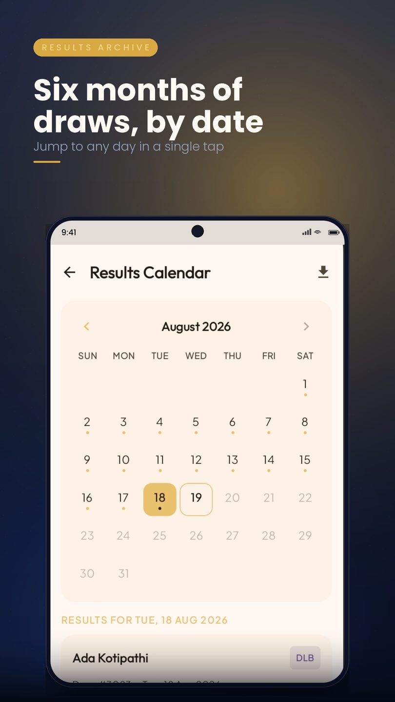 Results calendar for browsing past draws by date