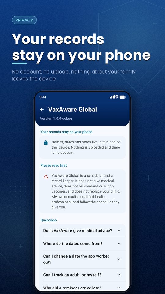 About screen with the privacy statement, medical disclaimer and FAQ